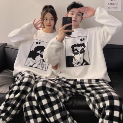 情侶睡衣女士秋冬款珊瑚絨加厚可愛卡通休閒男士法蘭絨家居服套裝
