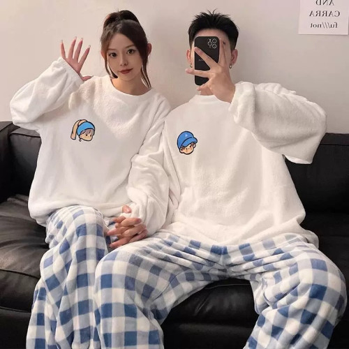 情侶睡衣女士秋冬款珊瑚絨加厚可愛卡通休閒男士法蘭絨家居服套裝