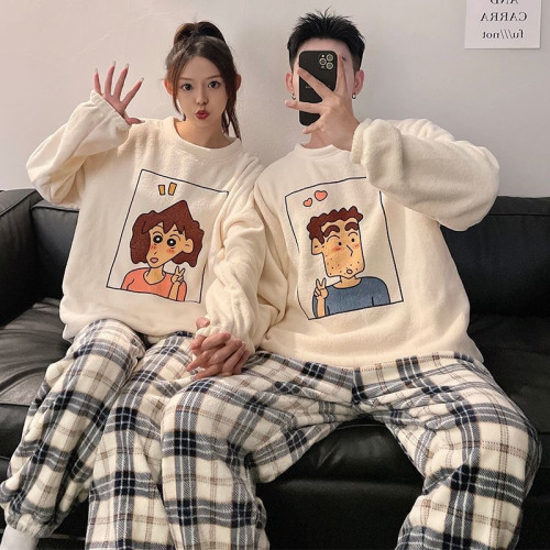 情侶睡衣女士秋冬款珊瑚絨加厚可愛卡通休閒男士法蘭絨家居服套裝
