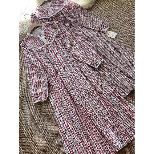 加長款北歐公主長袖睡裙寬鬆純棉絨布秋冬碎花甜美可外穿睡衣蕾絲