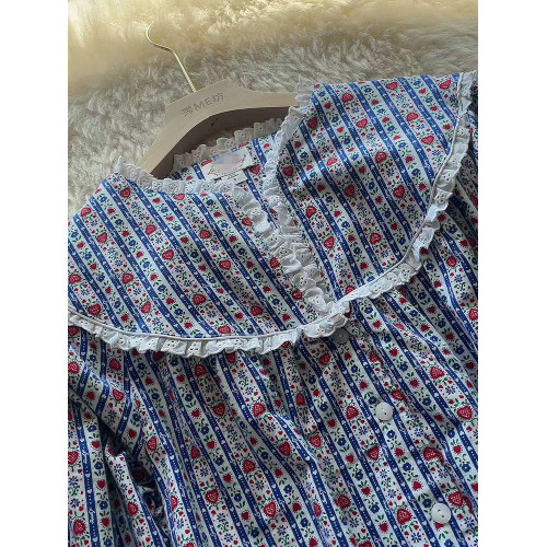 加長款北歐公主長袖睡裙寬鬆純棉絨布秋冬碎花甜美可外穿睡衣蕾絲