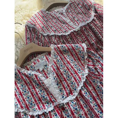 加長款北歐公主長袖睡裙寬鬆純棉絨布秋冬碎花甜美可外穿睡衣蕾絲