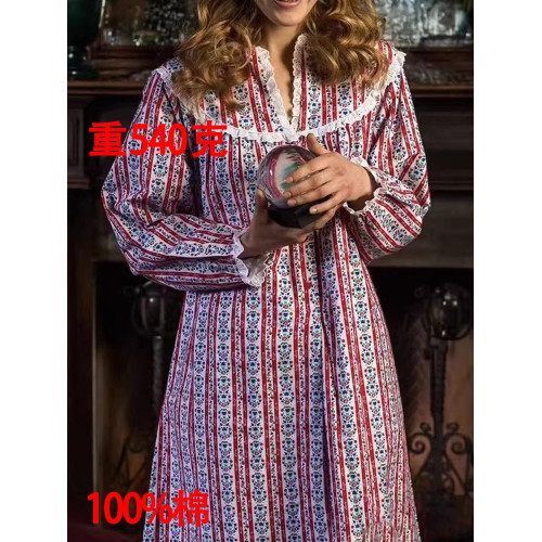 加長款北歐公主長袖睡裙寬鬆純棉絨布秋冬碎花甜美可外穿睡衣蕾絲