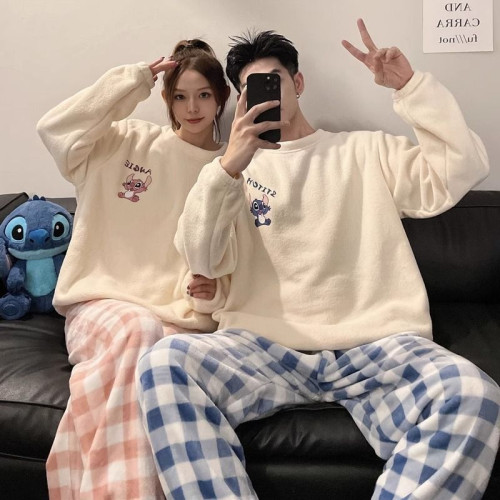 2025新款情侶睡衣女秋冬季珊瑚絨加絨加厚可愛卡通男士家居服套裝