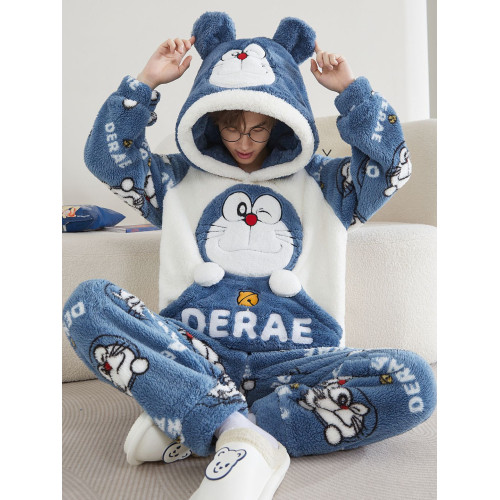 冬季睡衣男卡通珊瑚絨加厚青少年男士連帽長毛絨加大碼家居服套裝