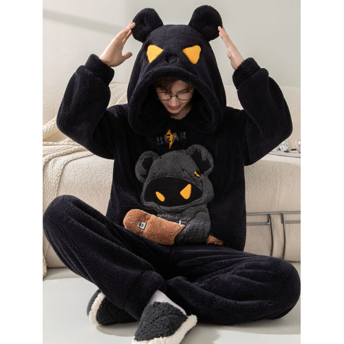 冬季睡衣男卡通珊瑚絨加厚青少年男士連帽長毛絨加大碼家居服套裝