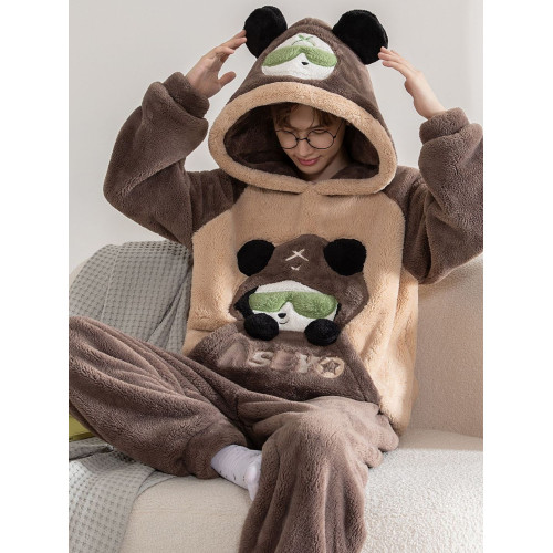 冬季睡衣男卡通珊瑚絨加厚青少年男士連帽長毛絨加大碼家居服套裝