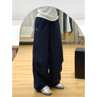 胖mm大碼美式復古藏青色工裝褲女秋季新款高腰顯瘦直筒休閒運動褲