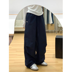 胖mm大碼美式復古藏青色工裝褲女秋季新款高腰顯瘦直筒休閒運動褲