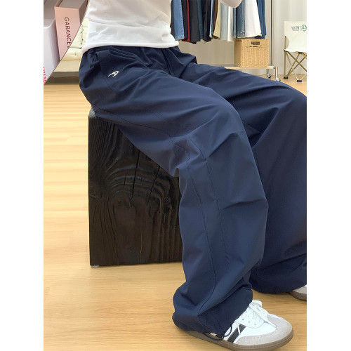 胖mm大碼美式復古藏青色工裝褲女秋季新款高腰顯瘦直筒休閒運動褲