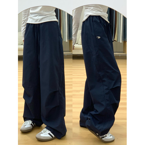 胖mm大碼美式復古藏青色工裝褲女秋季新款高腰顯瘦直筒休閒運動褲