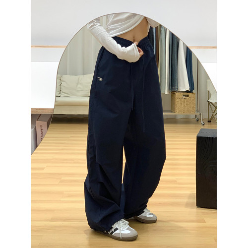 胖mm大碼美式復古藏青色工裝褲女秋季新款高腰顯瘦直筒休閒運動褲