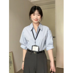 法式藍色條紋襯衫女夏季新款簡約高級感通勤職業面試氣質小衆襯衣