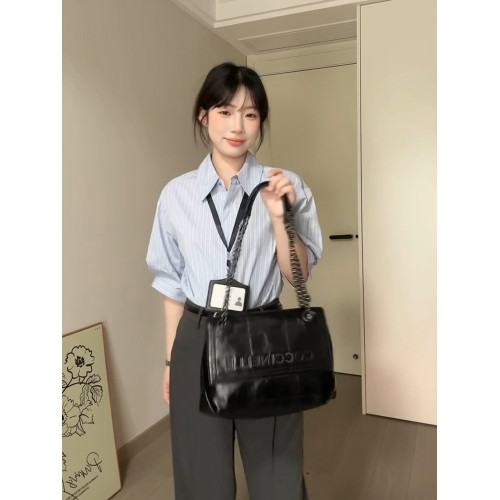 法式藍色條紋襯衫女夏季新款簡約高級感通勤職業面試氣質小衆襯衣