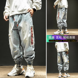 工裝牛仔褲男秋冬新款潮牌寬鬆哈倫束腳褲休閒褲冬季男生美式長褲