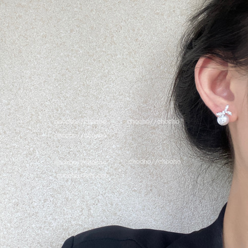 chocho/高級感微鑲鋯石甜美珍珠蝴蝶結耳環小巧氣質溫柔耳釘耳飾
