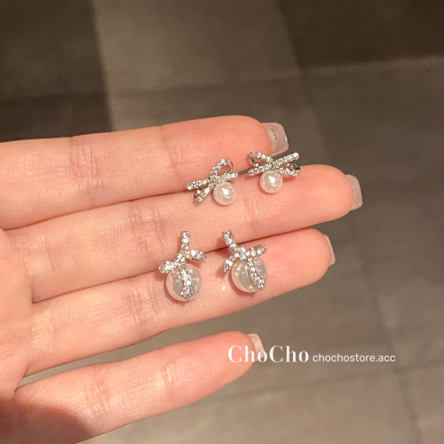 chocho/高級感微鑲鋯石甜美珍珠蝴蝶結耳環小巧氣質溫柔耳釘耳飾
