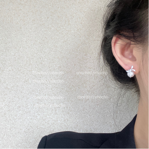 chocho/高級感微鑲鋯石甜美珍珠蝴蝶結耳環小巧氣質溫柔耳釘耳飾