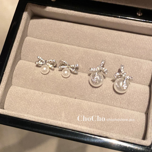 chocho/高級感微鑲鋯石甜美珍珠蝴蝶結耳環小巧氣質溫柔耳釘耳飾