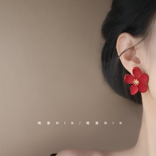 晚棠MIN 摩洛哥花園~復古港風紅色花朵耳釘高級輕奢耳環A400/401