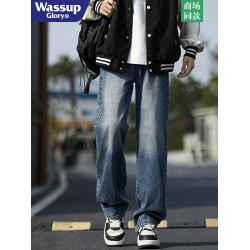 WASSUP GLORY美式牛仔褲男冬季加絨加厚潮牌休閒褲子寬鬆直筒長褲