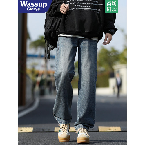 WASSUP GLORY美式牛仔褲男冬季加絨加厚潮牌休閒褲子寬鬆直筒長褲
