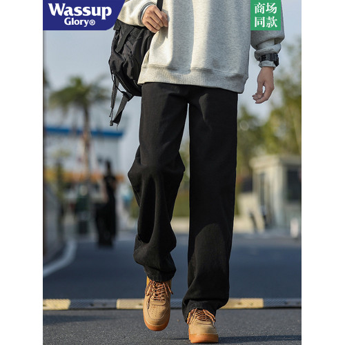 WASSUP GLORY美式牛仔褲男冬季加絨加厚潮牌休閒褲子寬鬆直筒長褲