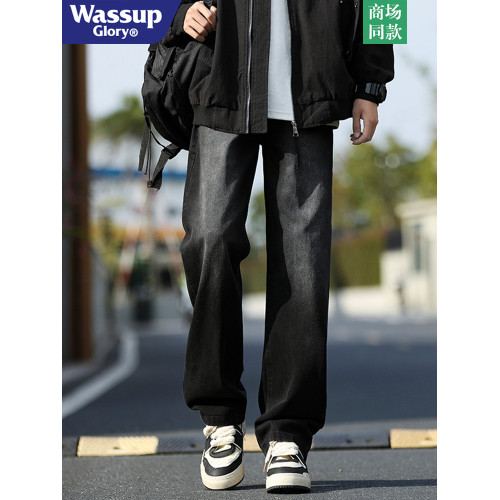 WASSUP GLORY美式牛仔褲男冬季加絨加厚潮牌休閒褲子寬鬆直筒長褲