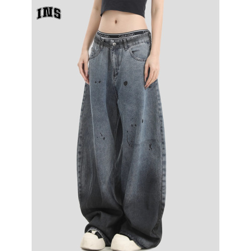 INSstudios 國潮牌情侶美式復古潑墨塗鴉彎刀褲寬鬆水洗牛仔長褲