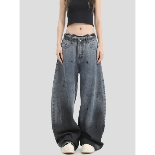 INSstudios 國潮牌情侶美式復古潑墨塗鴉彎刀褲寬鬆水洗牛仔長褲