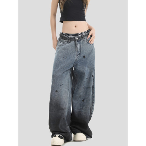 INSstudios 國潮牌情侶美式復古潑墨塗鴉彎刀褲寬鬆水洗牛仔長褲