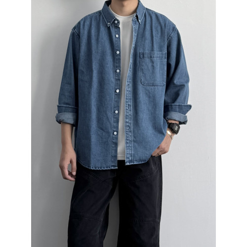 ONUN日系復古水洗工裝牛仔襯衫長袖寬鬆休閒百搭紐釦領襯衣外套秋 ONUN日系復古水洗工裝牛仔襯衫長袖寬鬆休閒百搭紐釦領襯衣外套秋