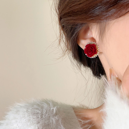 紅色花朵珍珠耳釘女輕奢高級感氣質耳環新款2026爆款新年喜慶耳飾