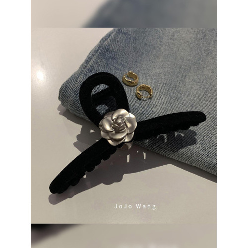 高級水泥灰~山茶花精緻絲絨髮抓紥頭髮短髮夾後腦勺盤髮韓國髮飾