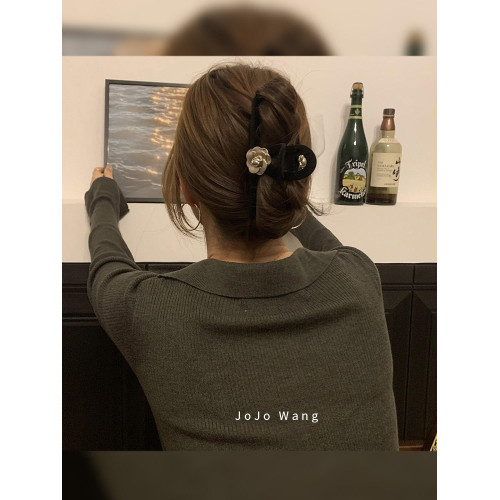 高級水泥灰~山茶花精緻絲絨髮抓紥頭髮短髮夾後腦勺盤髮韓國髮飾