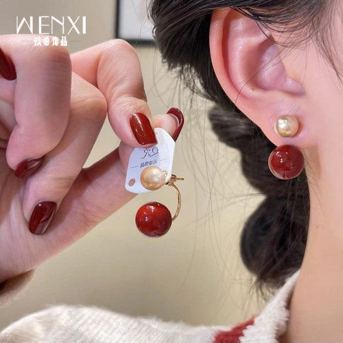 紅豆豆耳釘女小衆設計感高級兩戴適合過年的耳環時尚洋氣新年耳飾