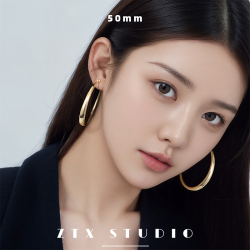 ZTX 歐美誇張素圈耳夾無耳洞女新款大耳圈耳飾蚊香盤金色圓圈耳環