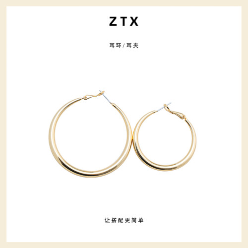 ZTX 歐美誇張素圈耳夾無耳洞女新款大耳圈耳飾蚊香盤金色圓圈耳環