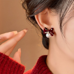 紅色蝴蝶結珍珠耳釘女2026新款爆款高級感氣質獨特漂亮耳環耳飾品