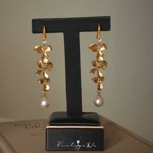 「赫爾墨斯」vintage復古法式文藝鎏金高級小衆花朵珍珠耳環/耳夾