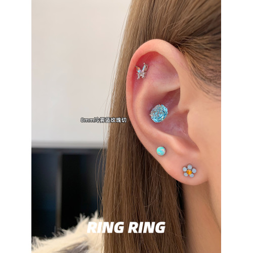 爆閃華子耳釘醫用鈦鋼耳骨釘耳蝸釘藍色鑽鈦合金耳飾RINGRING商店
