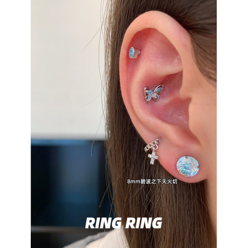爆閃華子耳釘醫用鈦鋼耳骨釘耳蝸釘藍色鑽鈦合金耳飾RINGRING商店