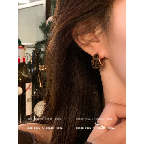 復古美拉德絲絨豹紋C形耳環耳釘女輕奢高級感氣質耳圈辣妹耳飾
