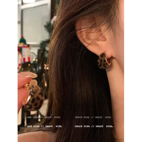 復古美拉德絲絨豹紋C形耳環耳釘女輕奢高級感氣質耳圈辣妹耳飾