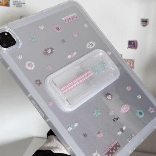 ins韓風鐳射草莓音符透明支架可調節適用蘋果三星華爲2025ipadpro保護套平板Air34678殼第十代小米Matepad女S