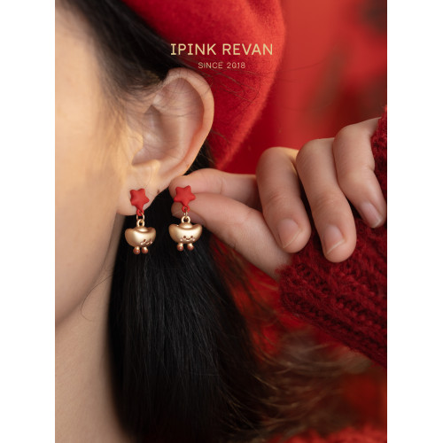 IPINK金元寶耳環新年耳夾女甜美可愛耳釘冬天耳飾無耳洞喜慶兒童