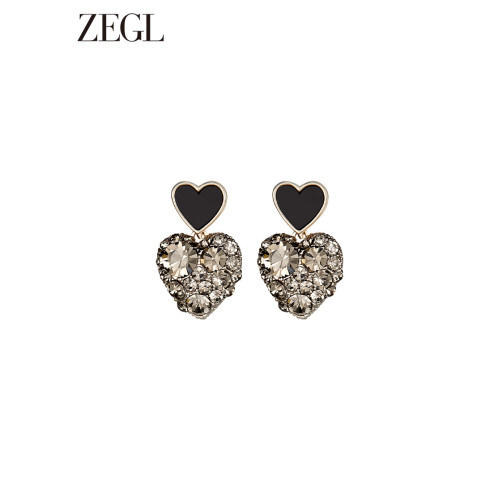 ZEGL法式黑色愛心耳環女新款爆款耳墜高級耳釘復古銀針春季耳飾