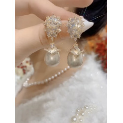 高貴奢華香檳色水滴珍珠耳環氣質復古鑲嵌鋯石銀針耳釘設計感耳飾