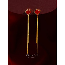 紅色四葉草長流蘇耳飾輕奢高級感蚊香盤耳夾女無耳洞雙戴耳環耳釘