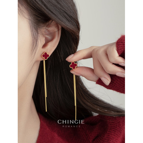 紅色四葉草長流蘇耳飾輕奢高級感蚊香盤耳夾女無耳洞雙戴耳環耳釘